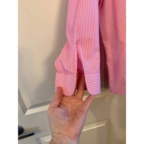 Wm LRL Lauren Ralph Lauren Pink and White Striped L No Iron Button Down Shirt - Picture 4 of 10